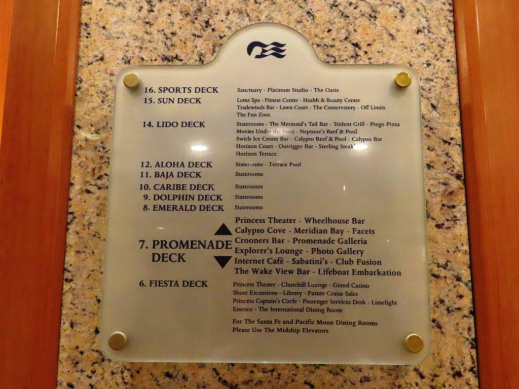 Deck directory aboard Sapphire Princess showing the location of restaurants, lounges, and public spaces. Spending a few minutes studying the layout will save you lots of unnecessary walking.