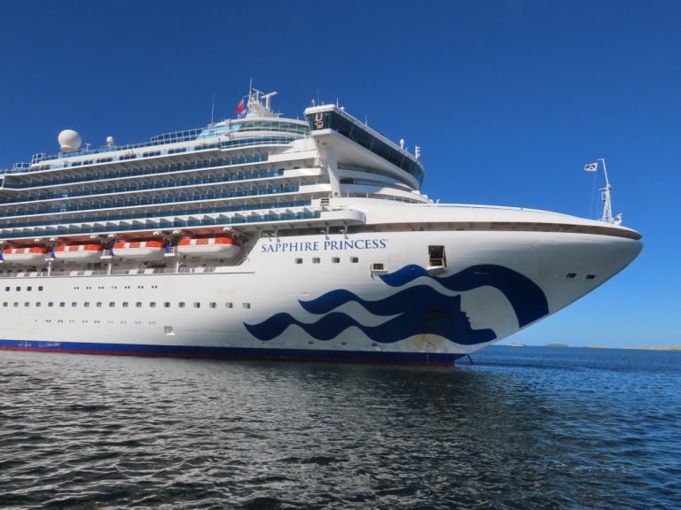 Sapphire Princess sits anchored off the coast of Antarctica during our 17-night cruise. Seeing the ship from the water gives you a true sense of its size before stepping on board.