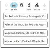 Screenshot of the Google Maps route linking San Pedro de Atacama, Valle de la Luna, the Magic Bus, and Ckari Mirador. This map shows the exact order we followed for our self-drive day trip.