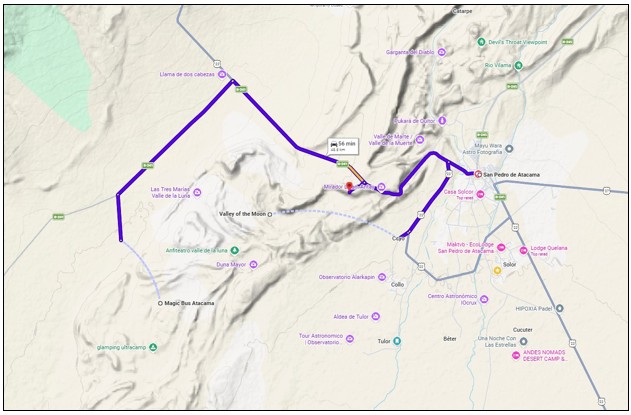 Route map of our Valle de la Luna day trip highlighting the driving loop from San Pedro de Atacama to the park, the Magic Bus, and Ckari Mirador. It helps you visualize the entire self-drive before setting out.
