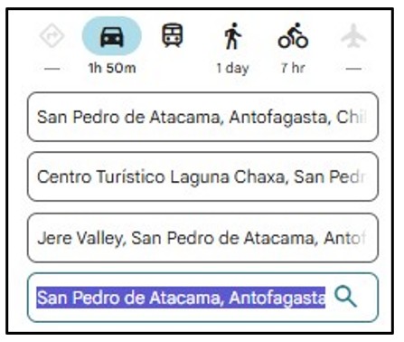 A Google Maps screenshot lists Centro Turístico Laguna Chaxa and Jere Valley between the starting and ending points in San Pedro de Atacama. Entering the full visitor-center name kept us from being sent toward the wrong part of the salt flat.