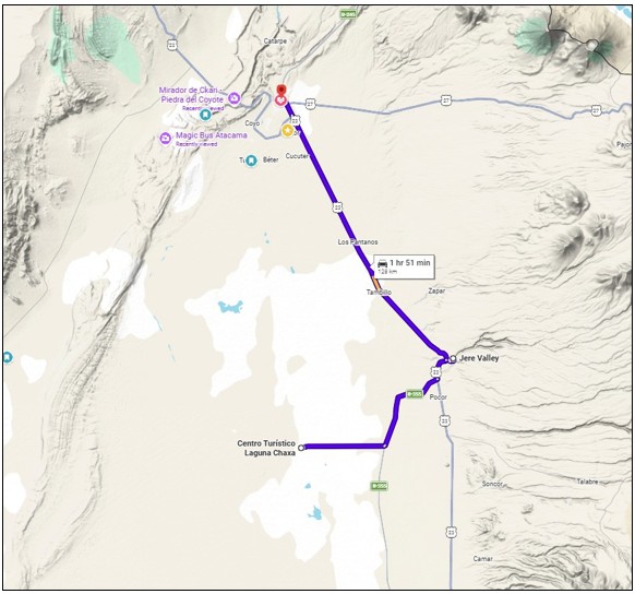 A route map connects San Pedro de Atacama with Laguna Chaxa and Valle de Jere across the southern Atacama Desert. The drive combines a wide-open salt flat with a surprisingly green canyon near Toconao.