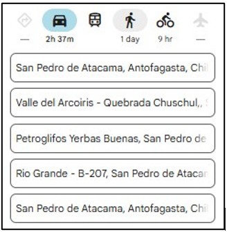 A Google Maps route lists Valle del Arcoiris, Petroglifos Yerbas Buenas, and Río Grande between the starting and ending points in San Pedro de Atacama. We saved the route before leaving because cell service disappeared once we reached the remote local roads.