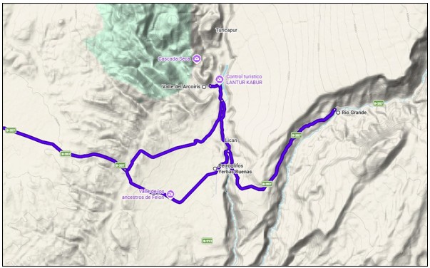 A close map traces the roads between Rainbow Valley, the Petroglyphs, and the town of Río Grande through a maze of mountains and dry river channels. Once we left B-207, the route became poorly marked and much harder to follow.