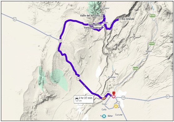 A wider map shows the full loop from San Pedro de Atacama north to Rainbow Valley, Yerbas Buenas, and Río Grande before returning to town. The drive covered about 147 kilometres and took us far beyond the busy attractions near San Pedro.