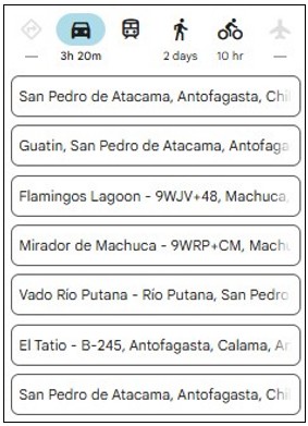 A Google Maps route lists the wildlife stops along B-245 from San Pedro de Atacama to Vado Río Putana. Saving this route before leaving town was essential because our cell signal disappeared repeatedly.