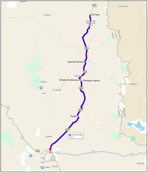 A route map traces the drive from San Pedro de Atacama through Guatín, Flamingos Lagoon, Machuca Wetlands, Vado Río Putana, and optional El Tatio. The long climb north shows why this day requires more time and altitude preparation than the mileage suggests.