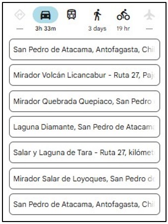 A Google Maps stop list shows San Pedro de Atacama, Mirador Volcán Licancabur, Mirador Quebrada Quepiaco, Laguna Diamante, Salar y Laguna de Tara, and Mirador Salar de Loyoques. These exact stops are what kept us from trying to figure out directions while driving Ruta de los Salares at more than 14,000 feet.
