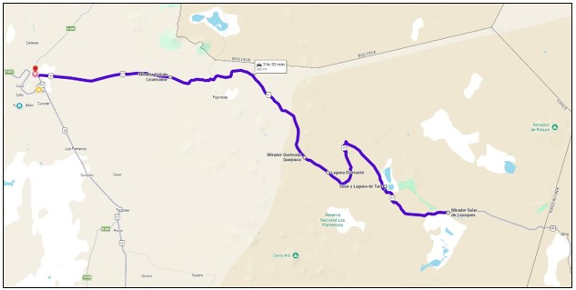 A route map shows the full Ruta de los Salares drive from San Pedro de Atacama along Ruta 27 to the high-altitude lagoons, salt flats, and viewpoints. This was the longest and highest of our five self-drive Atacama day trips, so seeing the full route first helps make the drive feel more manageable.