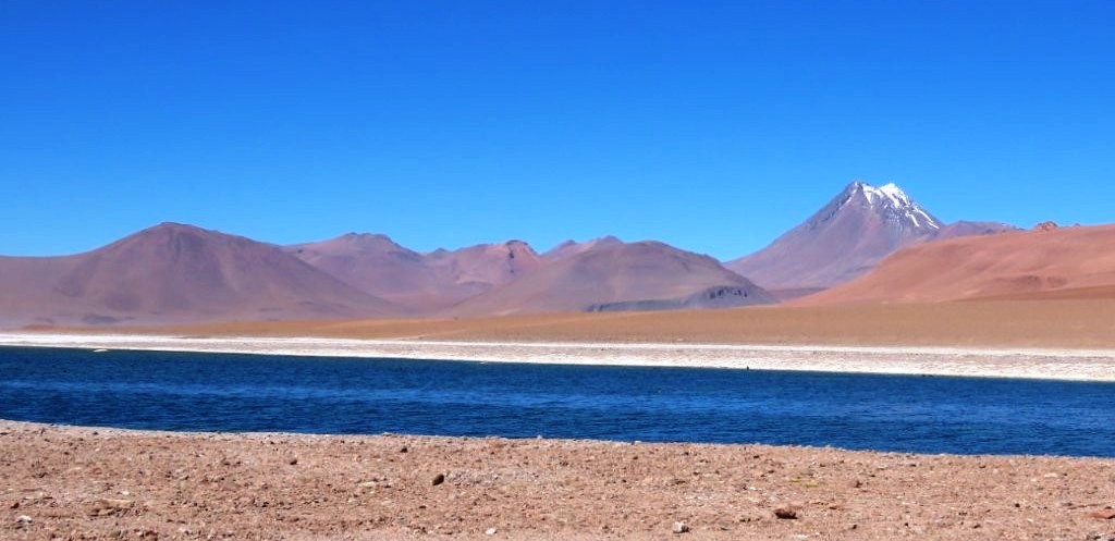 A calm blue lagoon stretches across pale mineral ground with hazy mountains fading into the distance. Laguna Diamante felt quiet and open, with just enough water and birdlife to make us slow down and linger.