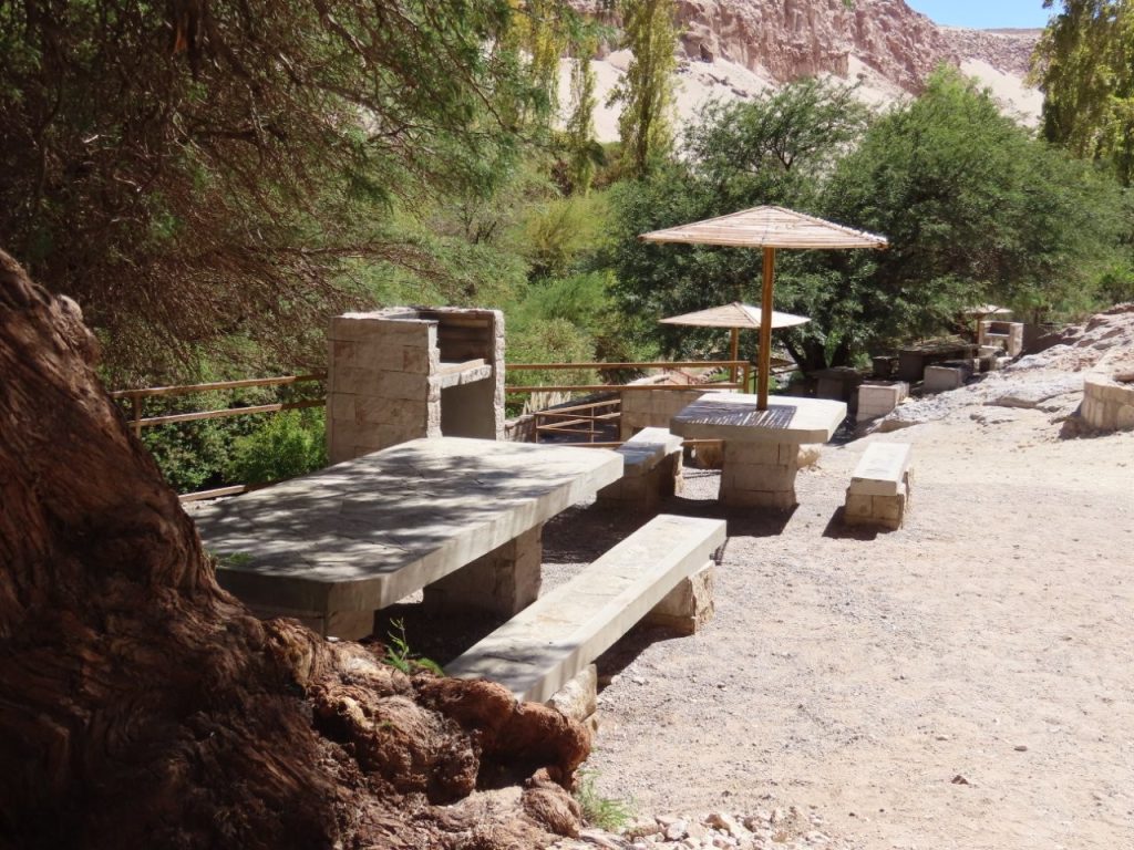Large stone picnic tables and benches sit beneath wooden shade structures surrounded by trees. This was a much nicer place for lunch than I expected when we first drove into the canyon.