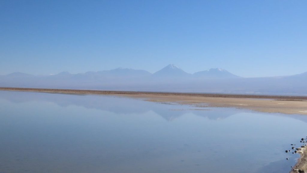 Snow-dusted volcanoes rise beyond a calm lagoon that reflects the mountains and pale blue sky. Tours to Laguna Chaxa often provide excellent opportunities to observe flamingos in their natural habitat.