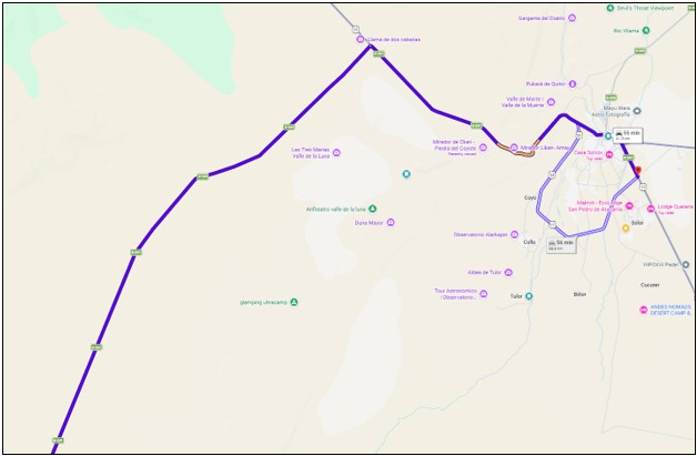 Driving map showing the route from San Pedro de Atacama along Ruta 23 and B-241 toward Valle de la Luna, the Magic School Bus, and nearby attractions. It illustrates how these western sights fit together for an easy self-drive day.