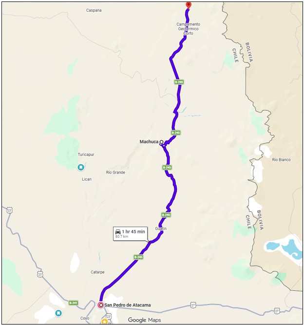 Route map following B-245 north from San Pedro de Atacama through Machuca to El Tatio Geysers. It shows the main highway used to reach the region's high-altitude wildlife areas and geothermal attractions.
