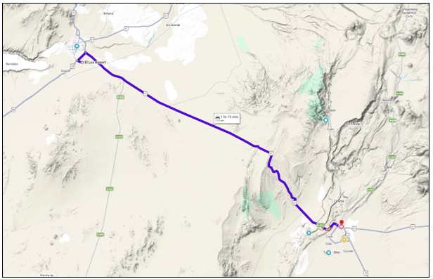 Map showing the driving path from Calama Chile to San Pedro de Atacama