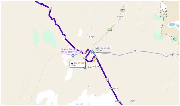Map illustrating how Ruta 23 curves around San Pedro de Atacama before continuing south toward the desert's southern attractions. This visual helps explain why the roads can seem confusing at first.