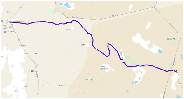 Map following Ruta 27 east from San Pedro de Atacama toward the Andes, high-altitude lagoons, and the Argentina border. It highlights one of the most scenic drives in the region.