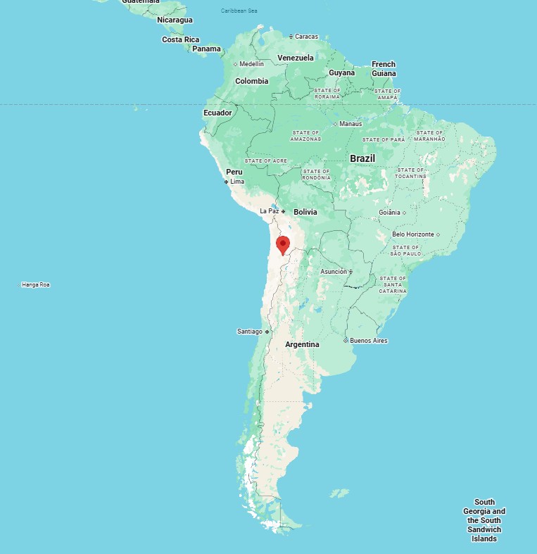 A map of South America pinpoints the location of the Atacama Desert along northern Chile's Pacific coast. The image provides geographic context for travelers unfamiliar with where the Atacama desert is located.