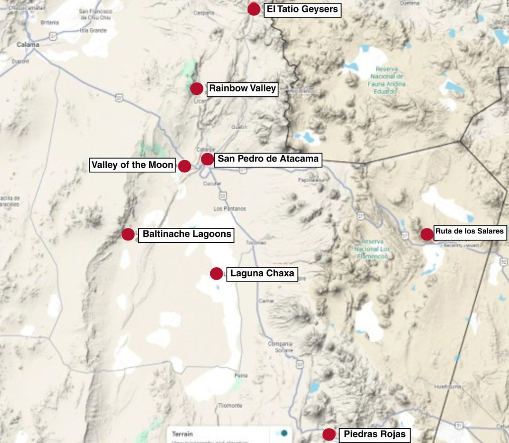 A map highlights major driving routes and attractions surrounding San Pedro de Atacama. Seeing the road network helps travelers plan efficient day trips across the Atacama Desert.