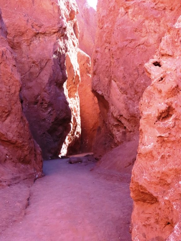 A narrow sandy passage winds between tall red rock walls with a blade of sunlight reaching the canyon floor. I wanted to explore the slot canyon at the end of Rainbow Valley Atacama, but the roughly two-foot climb at the entrance was more than I wanted to attempt.