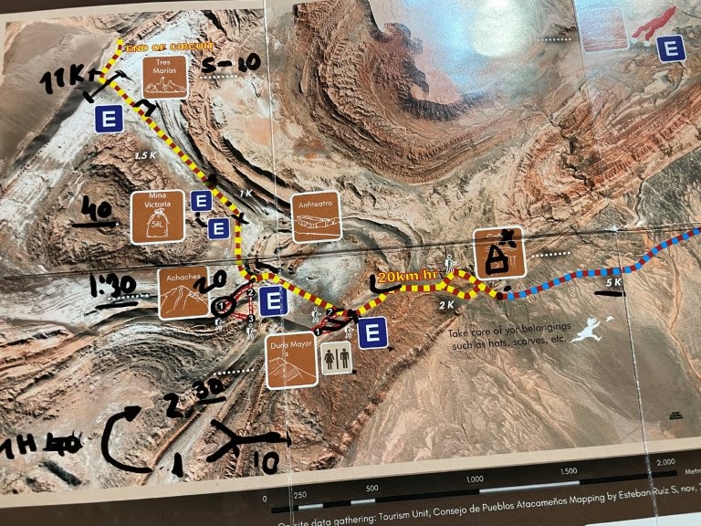 A map is marked up with different areas of the park, showing the amount of time needed to hike each.