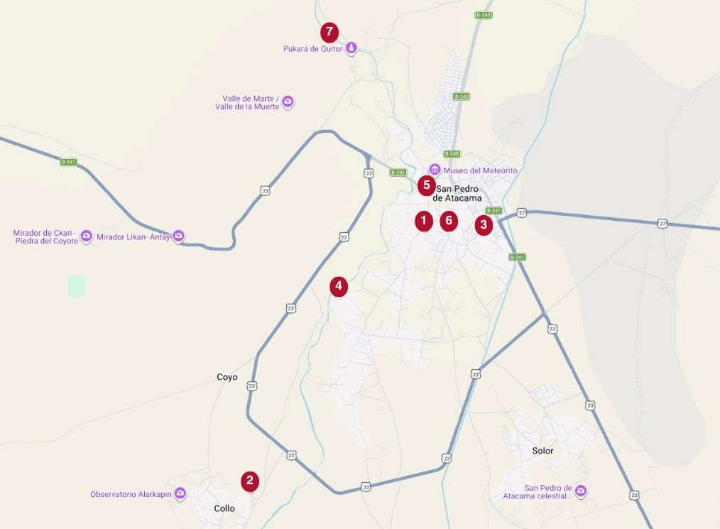 A map shows seven recommended hotels spread around San Pedro de Atacama, from close-to-town stays to quieter countryside properties. It makes the location differences easy to understand before choosing where to stay.