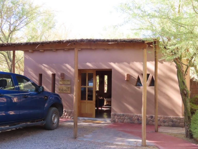 A landscaped pathway winds between adobe-style buildings and native trees at Naturalis Hotel. The quiet garden setting is a big part of why this property stands out from many San Pedro de Atacama hotels.