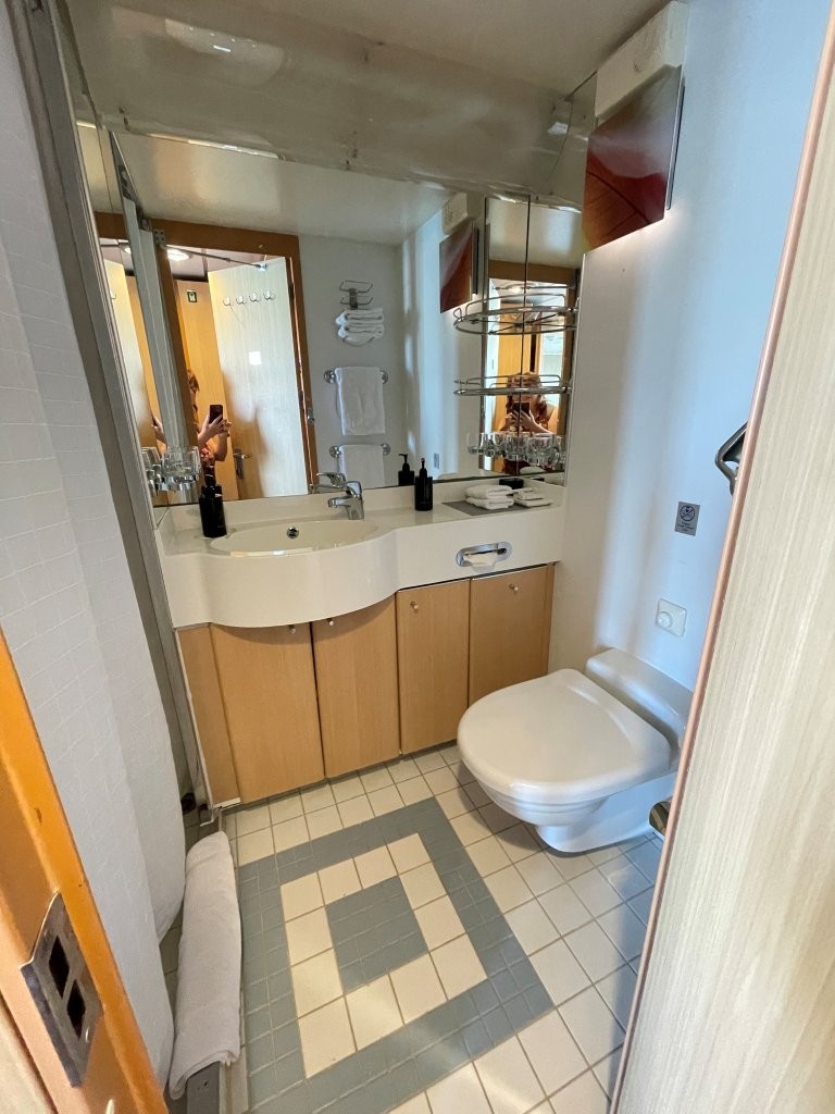 A small cruise-ship bathroom contains a curved sink and vanity, mirrored storage, toilet and a narrow shower along one side. The bathroom was tight but functional, matching the overall compact design of the Celebrity Infinity cabin.