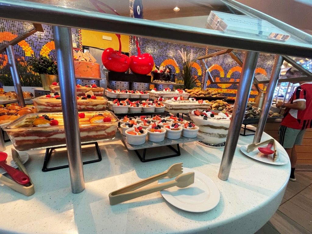 Multiple dishes fill the brightly lit serving stations at Celebrity Infinity’s Oceanview Café buffet. The buffet gave us plenty of choices during traditional mealtimes, although options dropped considerably between meals.