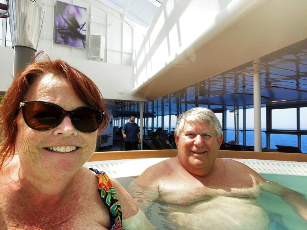 Kari and Bill soak in the Solarium hot tub instead of heading ashore for another day of sightseeing. Skipping Thessaloniki gave us permission to slow down and simply enjoy being on vacation.