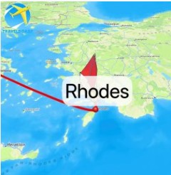 An image of a map with a red and white sailboat on it and the word Rhodes. Readers who click the image can watch the ship sail the route of our cruise.