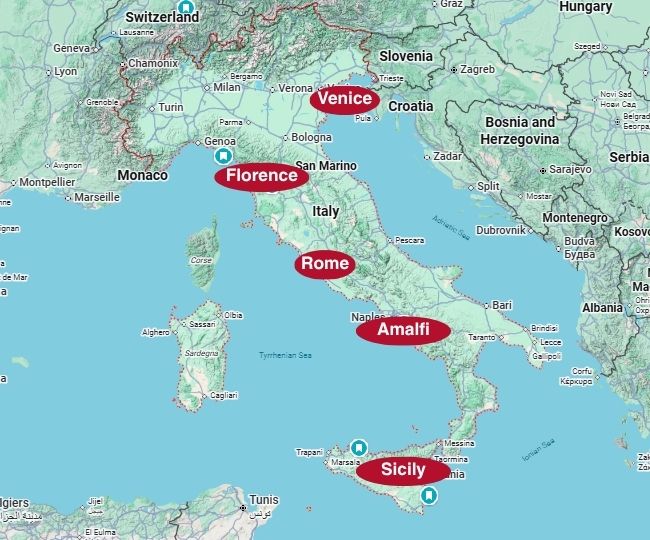 A map showing Italy with red buttons for Rome, Florence, Venice, Amalfi and Sicily. This shows how far apart the different areas are which comes into play when figuring out how to plan a trip.