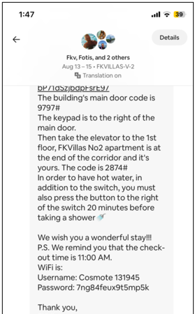 A phone screenshot shows a message from an accommodation host with building entry instructions, apartment access information, Wi-Fi details, and contact numbers. Kari saves these instructions in her phone's photo library so she can find them without an internet connection.